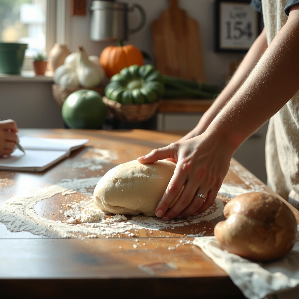 Hände, die Teig auf Holzarbeitsplatte kneten